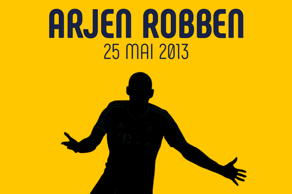 Arjen Robben célèbre son but vainqueur en finale de la Ligue des Champions 2013 contre Dortmund à Wembley, les bras levés vers le ciel dans un moment de pure extase