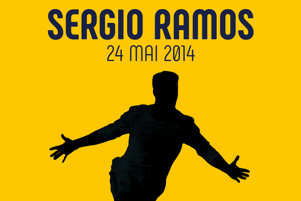 Sergio Ramos marque de la tête à la 93ème minute de la finale de Ligue des Champions 2014 contre l'Atlético Madrid, égalisant 1-1 avant la victoire finale 4-1 du Real Madrid