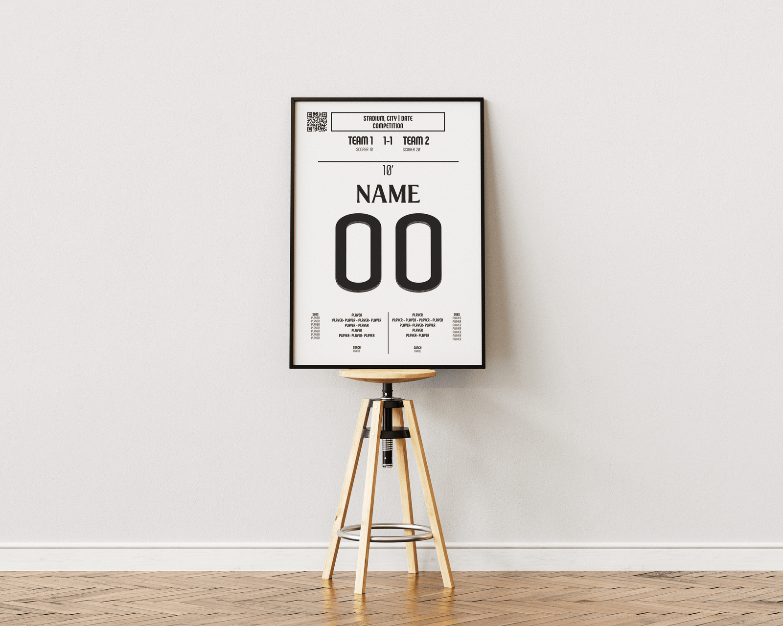 Poster personnalisé de football sur mesure – modèle vierge prêt à être transformé en affiche unique du but de votre choix. Décoration murale design et minimaliste pour les passionnés de foot.