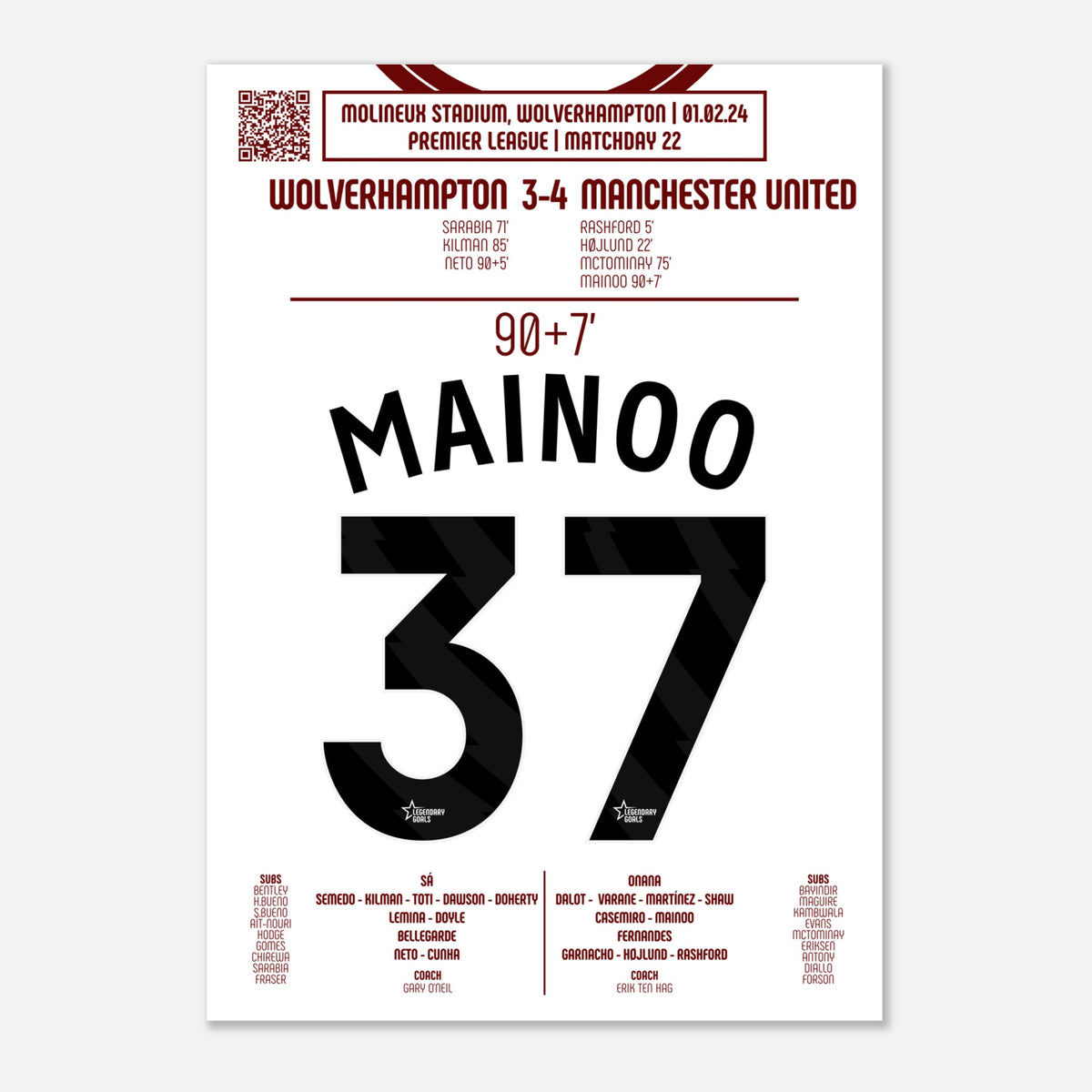 Kobbie Mainoo: But Iconique contre Wolverhampton – Premier League 2024 - Poster / A4