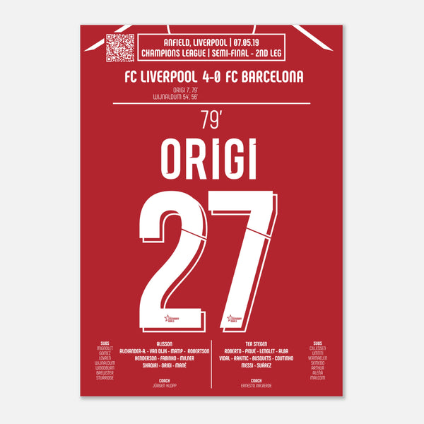 Divock Origi: But Historique contre le FC Barcelone – Ligue des Champions 2019 - Poster / A4