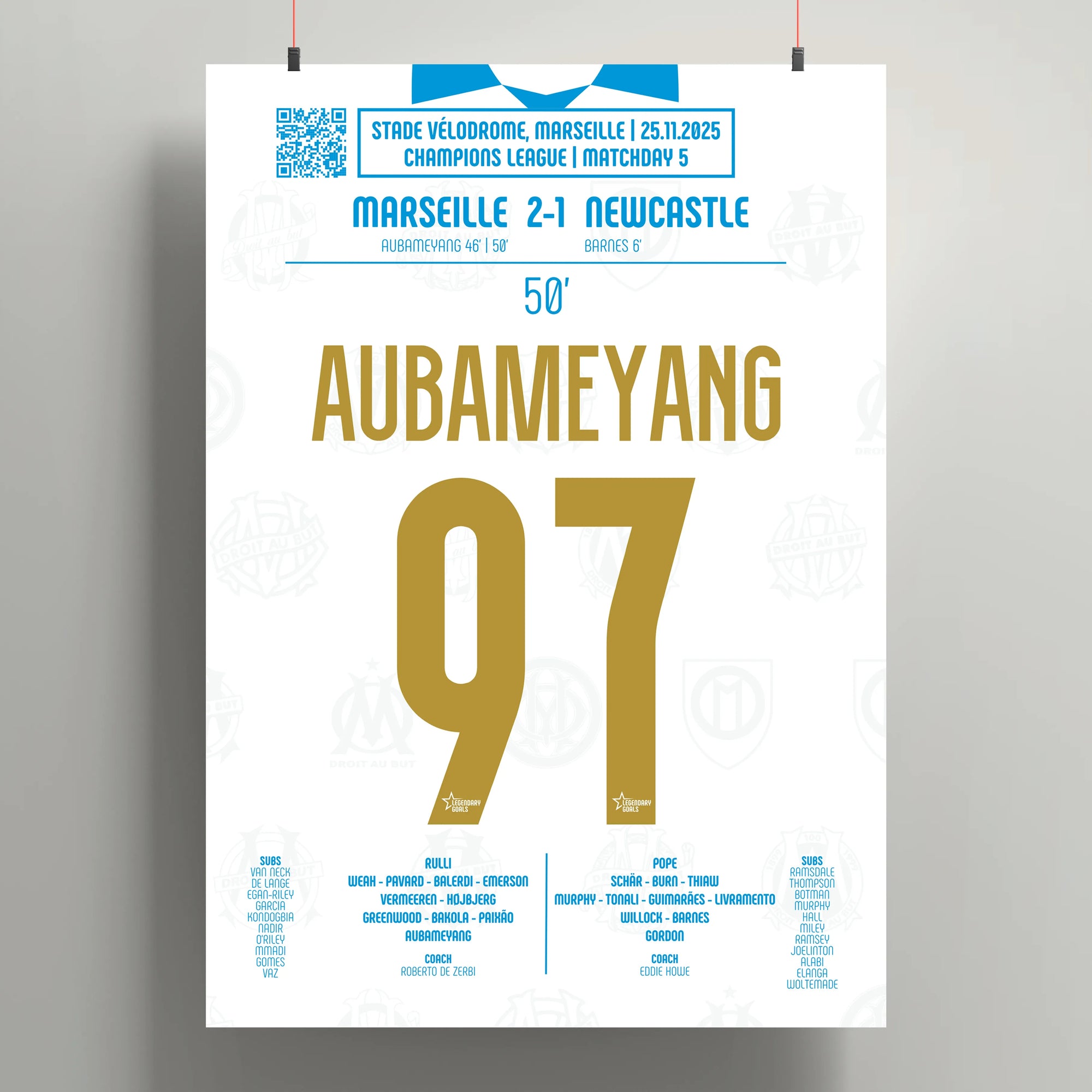 Poster du 2e but de Pierre-Emerick Aubameyang - OM vs Newcastle 2025