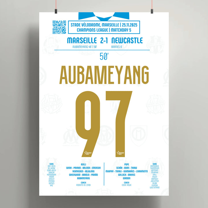 Póster del segundo gol de Pierre-Emerick Aubameyang - OM vs Newcastle 2025