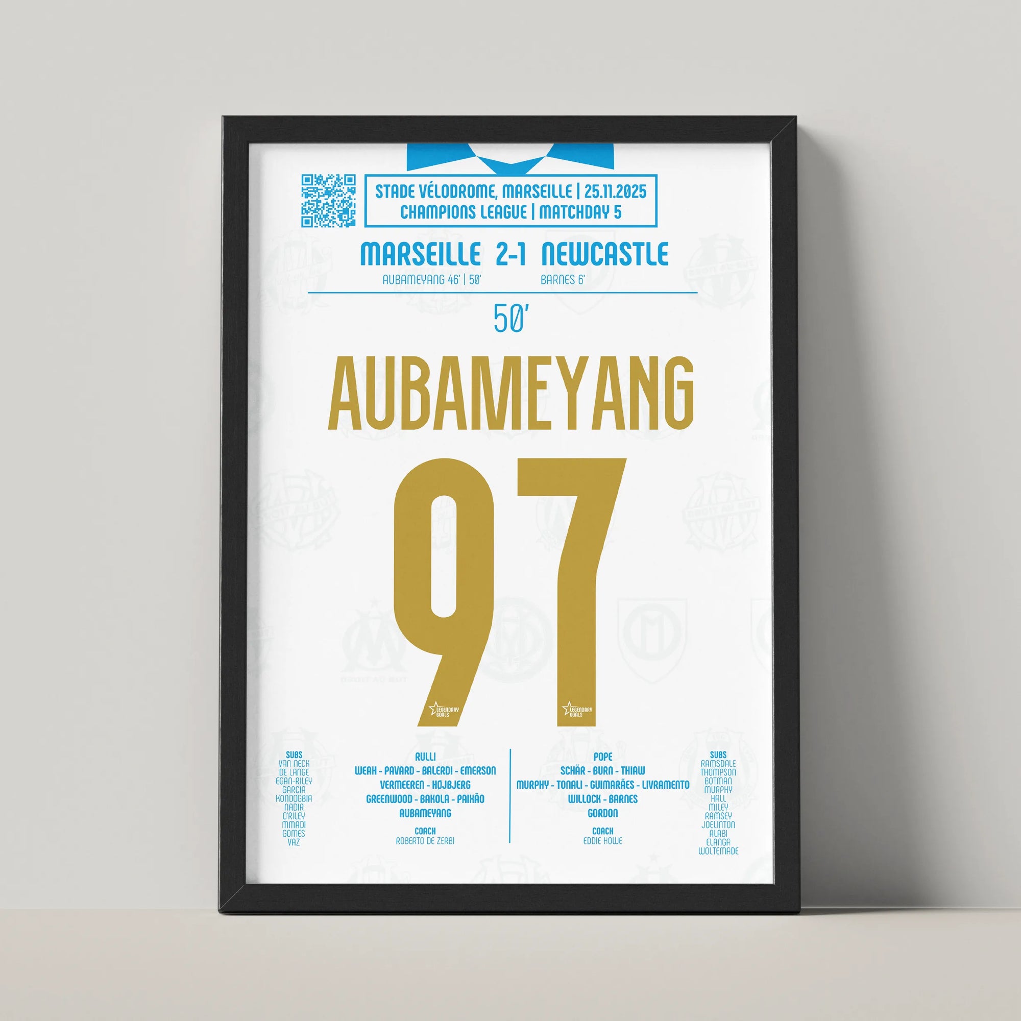 Poster du 2e but de Pierre-Emerick Aubameyang - OM vs Newcastle 2025