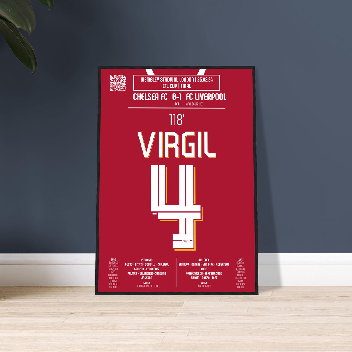 Virgil van Dijk: But Iconique en Finale de la Carabao Cup – 2024 - Poster avec cadre en bois noir / A4