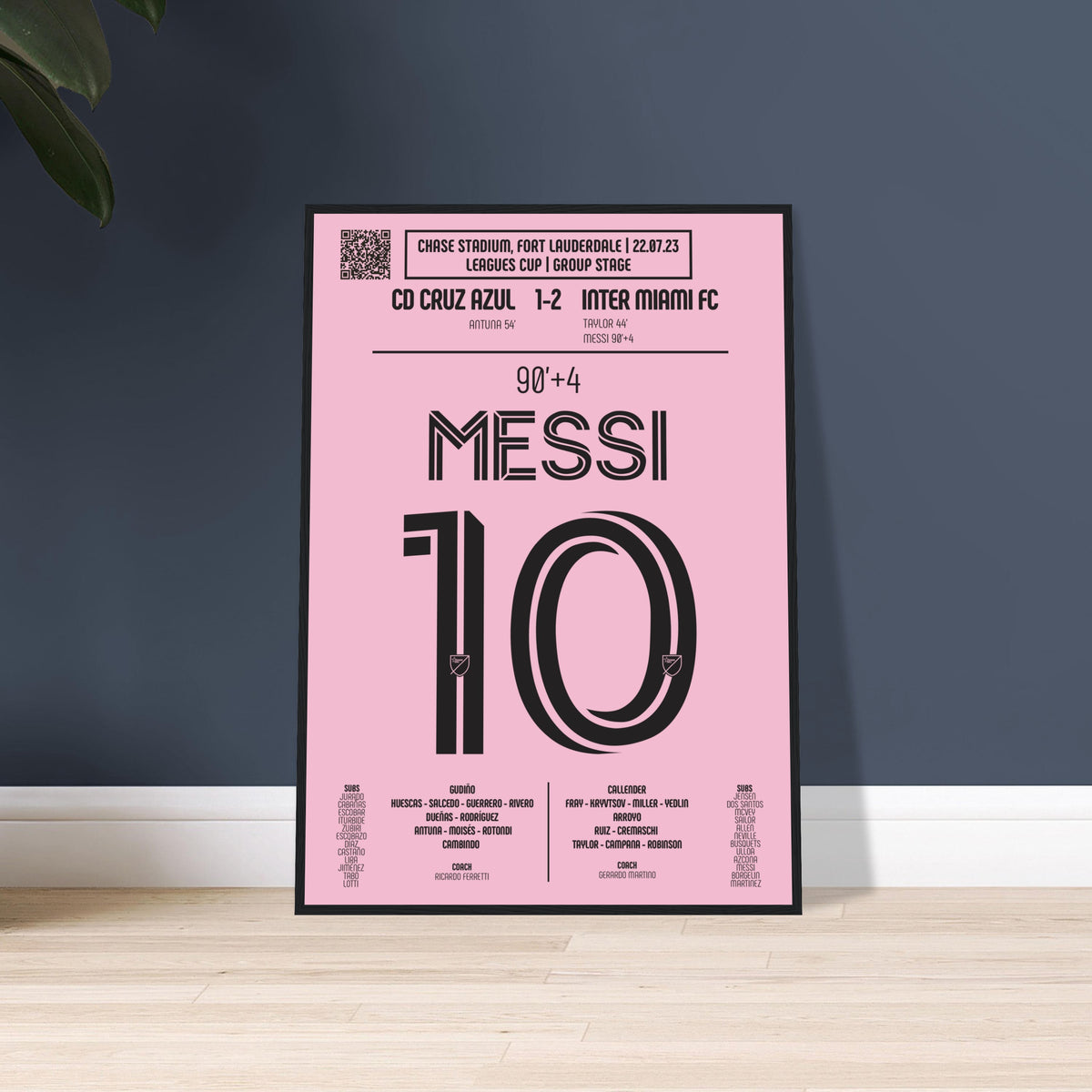 Lionel Messi: But emblématique contre Cruz Azul – Leagues Cup 2023 - Poster encadré en bois noir / A4