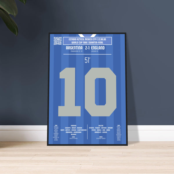Diego Maradona: But Iconique contre l’Angleterre – Coupe du Monde 1986 - Poster avec cadre en bois noir / A4