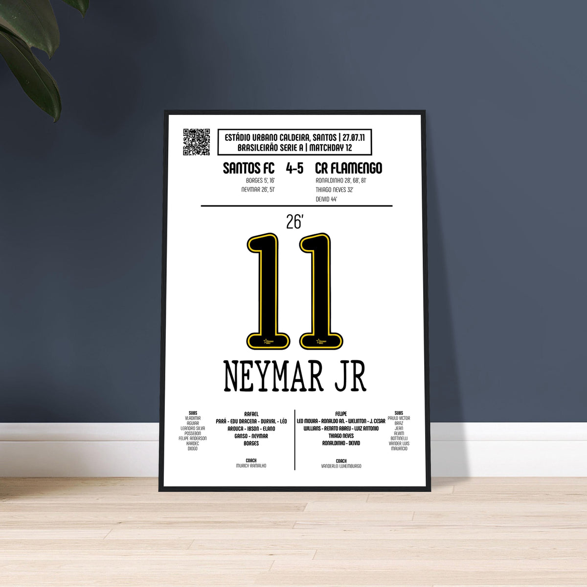Neymar: But emblématique contre Flamengo – Campeonato Brasileiro 2011 - Poster encadré en bois noir / A4