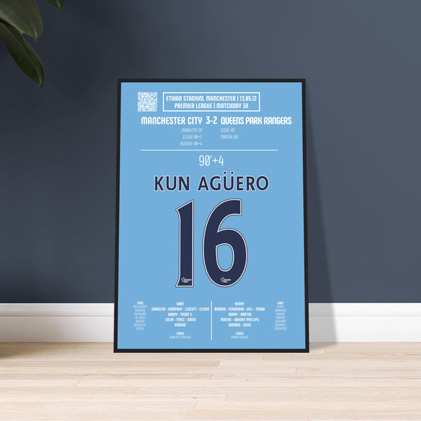 Sergio Agüero: But Décisif contre QPR – Etihad Stadium 2012 - Poster encadré en bois noir / A4