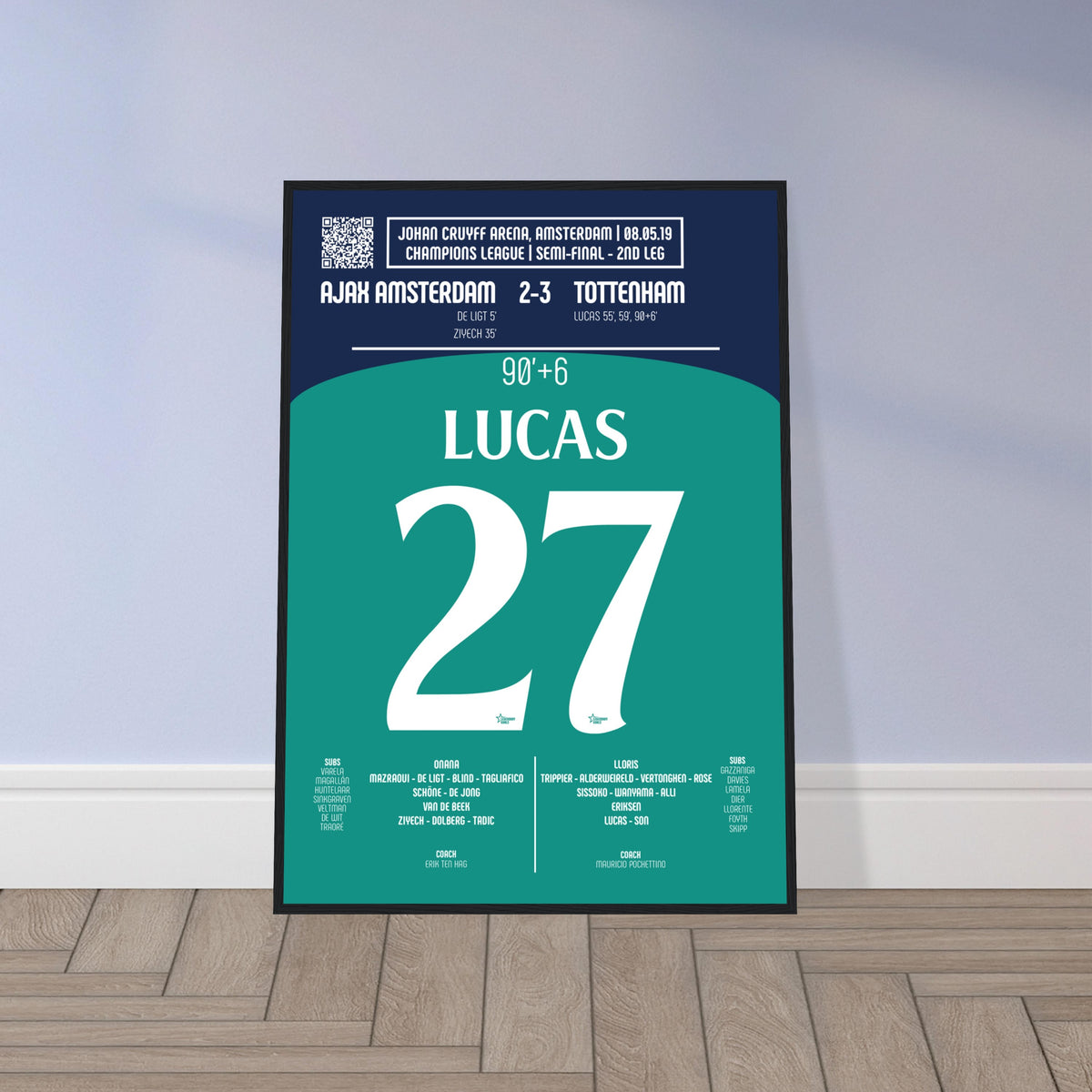 Lucas Moura: But emblématique contre l’Ajax – Ligue des champions 2019 - Poster encadré en bois noir / A4