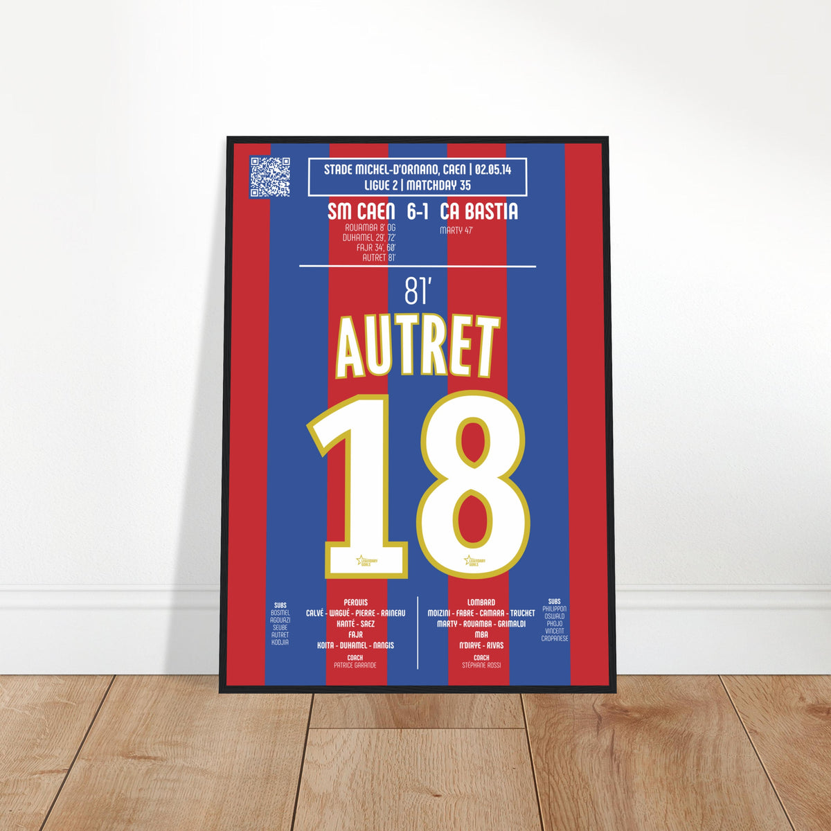 Mathias Autret: But Mémorable contre le CA Bastia – Ligue 2 2014 - Poster avec cadre en bois noir / A4