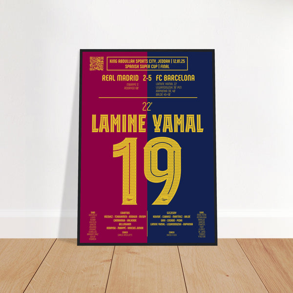 Lamine Yamal: But Iconique en Supercoupe d’Espagne – Janvier 2025 - Poster avec cadre en bois noir / A4