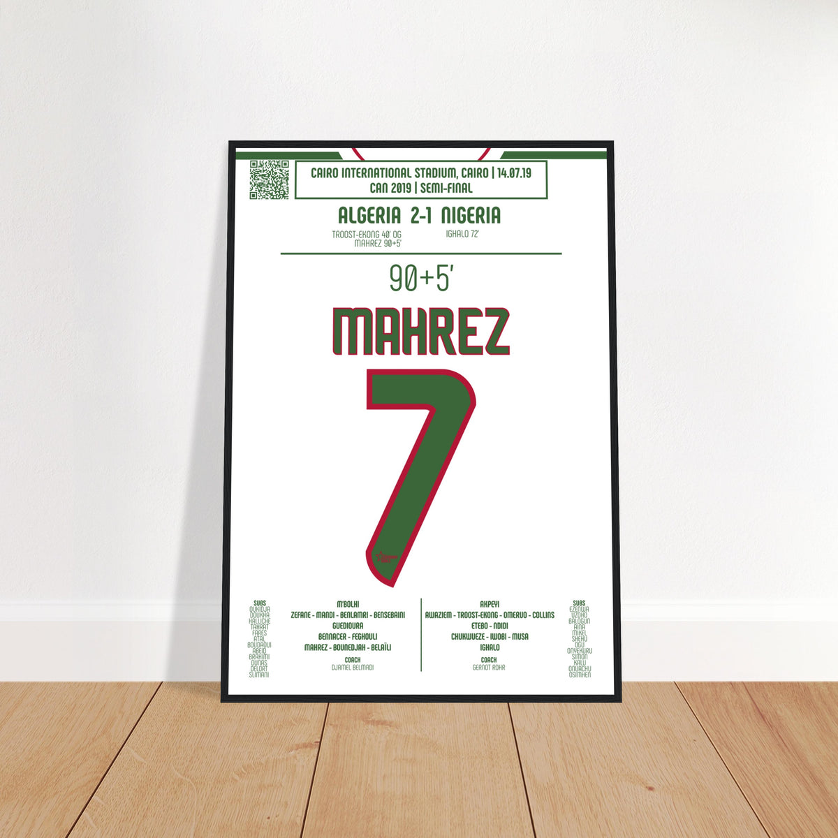 Poster de Riyad Mahrez: But Décisif contre le Nigeria – CAN 2019 - Poster avec cadre en bois noir / A4