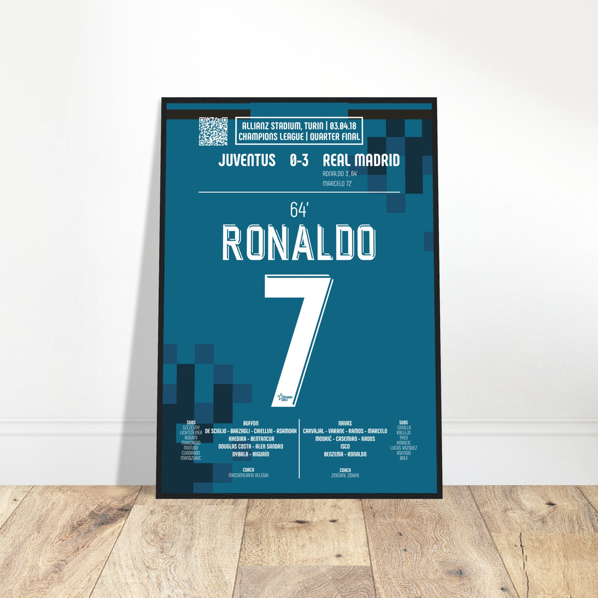 Cristiano Ronaldo – La légendaire bicyclette contre la Juventus 2018 - Poster encadré en bois noir / A4