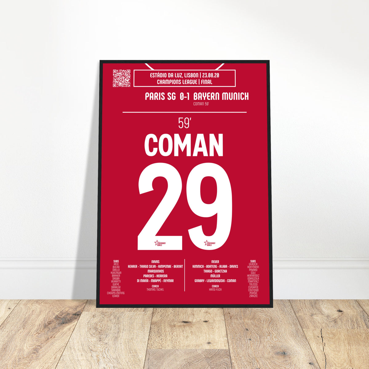 Kingsley Coman: But Iconique en Finale de Ligue des Champions – 2020 - Poster avec cadre en bois noir / A4