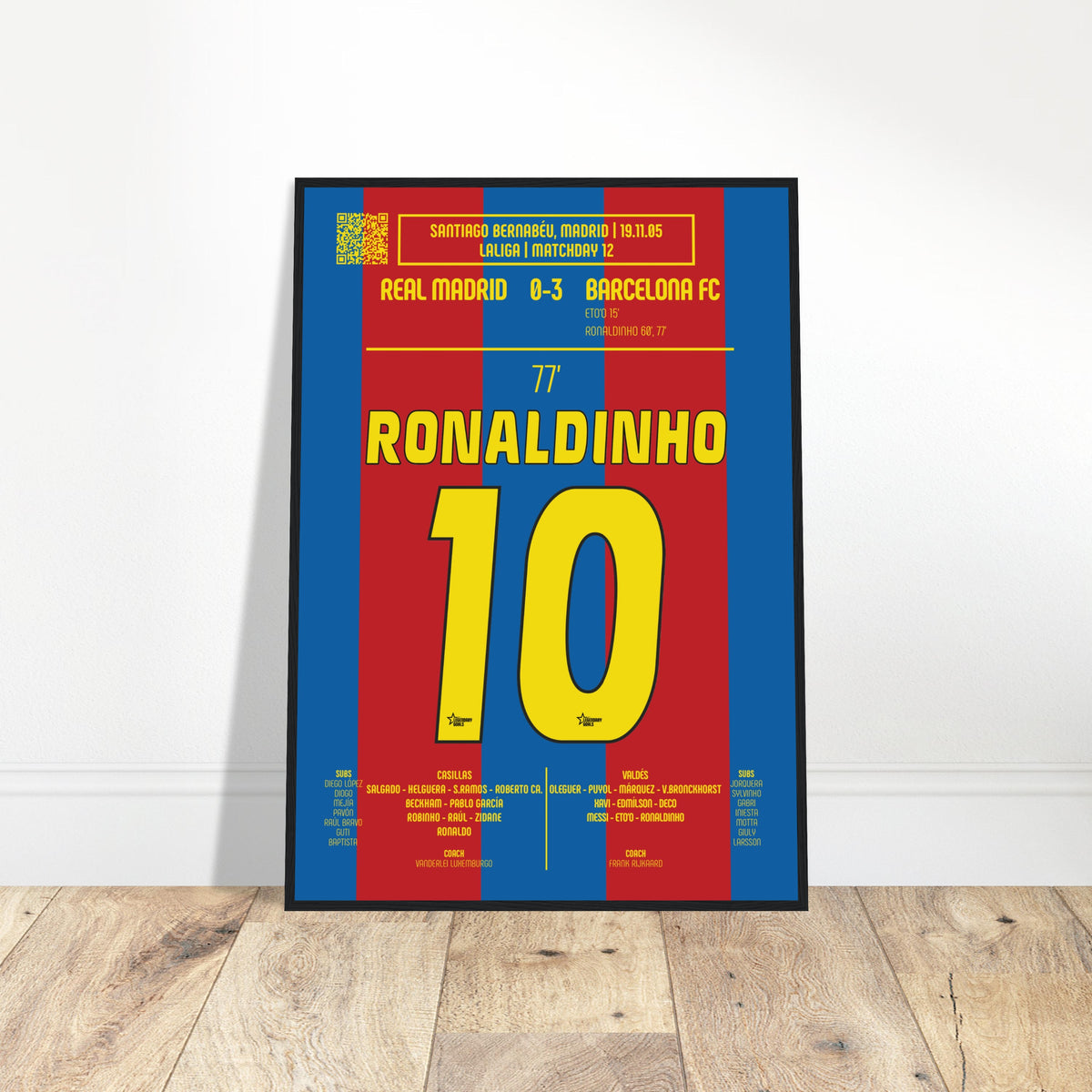 Ronaldinho: But emblématique contre le Real Madrid – La Liga 2005 - Poster encadré en bois noir / A4