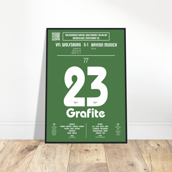 Grafite: But emblématique contre le Bayern Munich – Bundesliga 2009 - Poster encadré en bois noir / A4