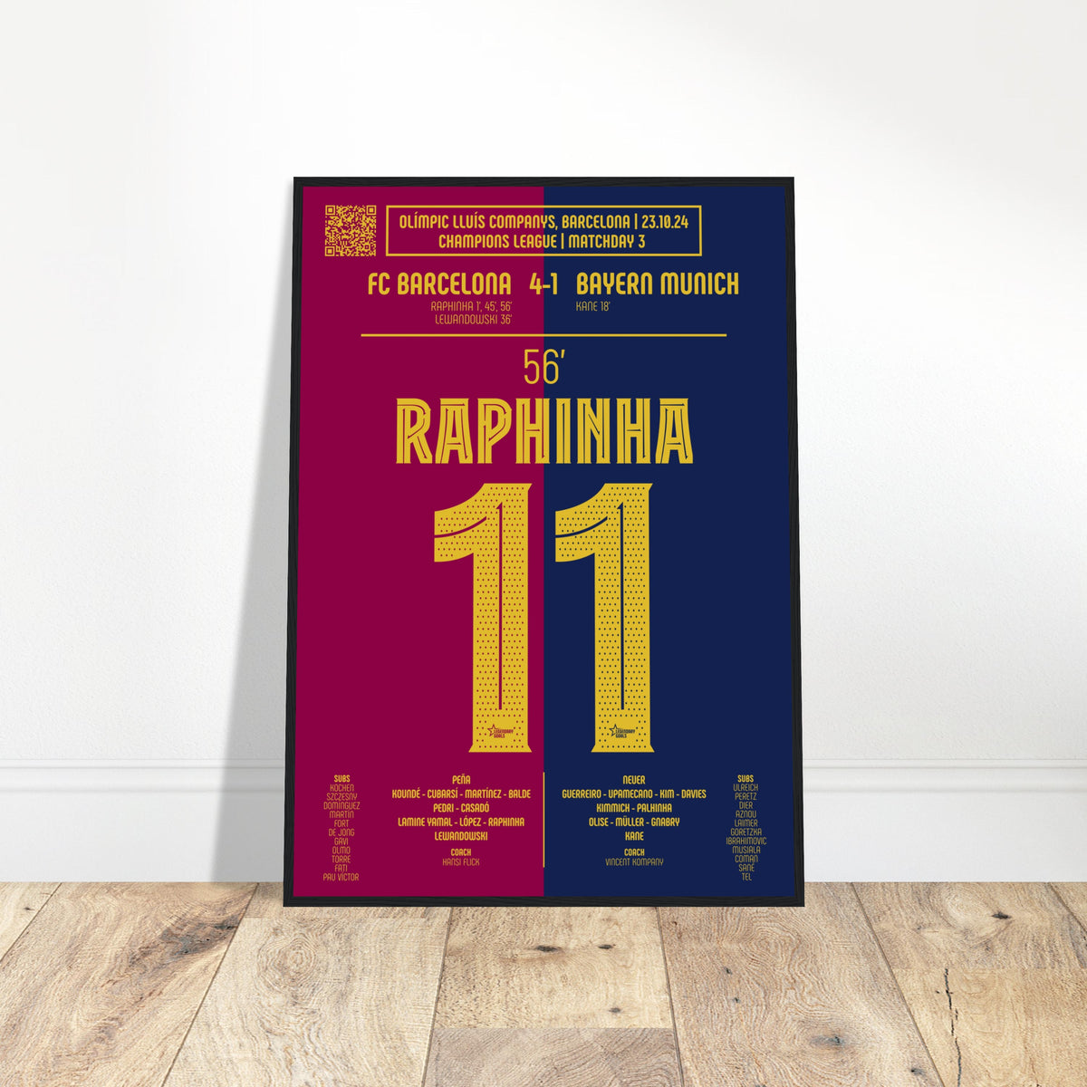 Raphinha: But Iconique contre le Bayern Munich – Ligue des Champions 2024 - Poster avec cadre en bois noir / A4