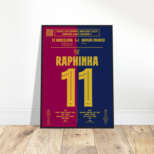 Raphinha: But Iconique contre le Bayern Munich – Ligue des Champions 2024 - Poster avec cadre en bois noir / A4