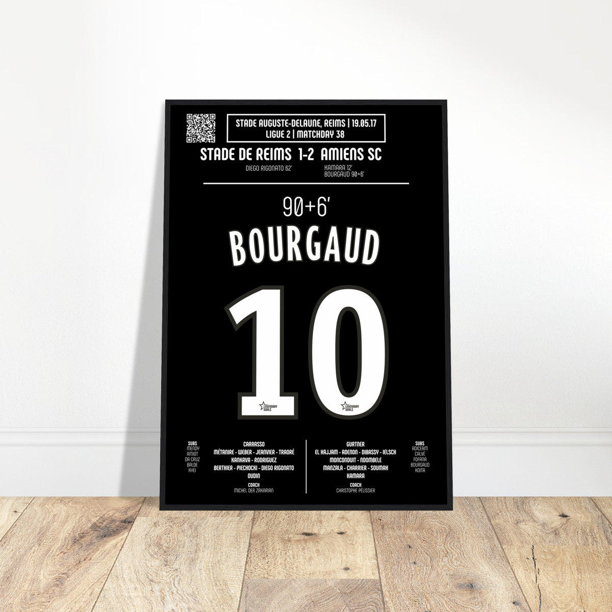 Emmanuel Bourgaud: But Héroïque contre Reims – Ligue 2 2017 - Poster avec cadre en bois noir / A4