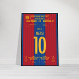 Cadre en bois avec poster incliné de Lionel Messi célébrant son but contre le Real Madrid en 2017