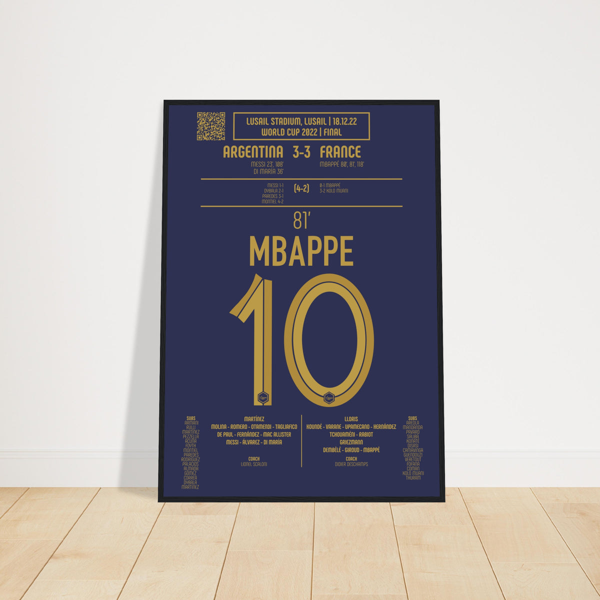 Kylian Mbappé: But Égalisateur en Finale de Coupe du Monde 2022 – France vs Argentine - Poster encadré en bois noir / A4