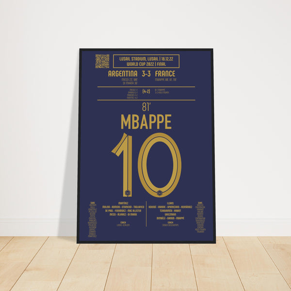 Kylian Mbappé: But Égalisateur en Finale de Coupe du Monde 2022 – France vs Argentine - Poster encadré en bois noir / A4