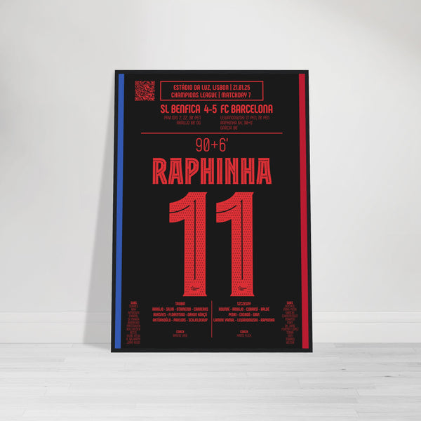 Raphinha: But Décisif contre Benfica – Ligue des Champions 2025 - Poster avec cadre en bois noir / A4