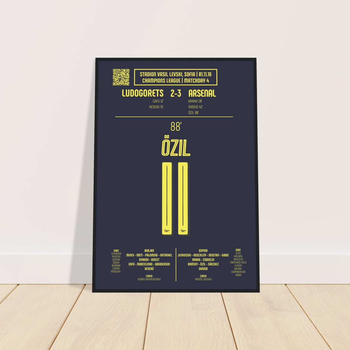 Mesut Özil: But emblématique contre Ludogorets – Ligue des champions 2016 - Poster encadré en bois noir / A1