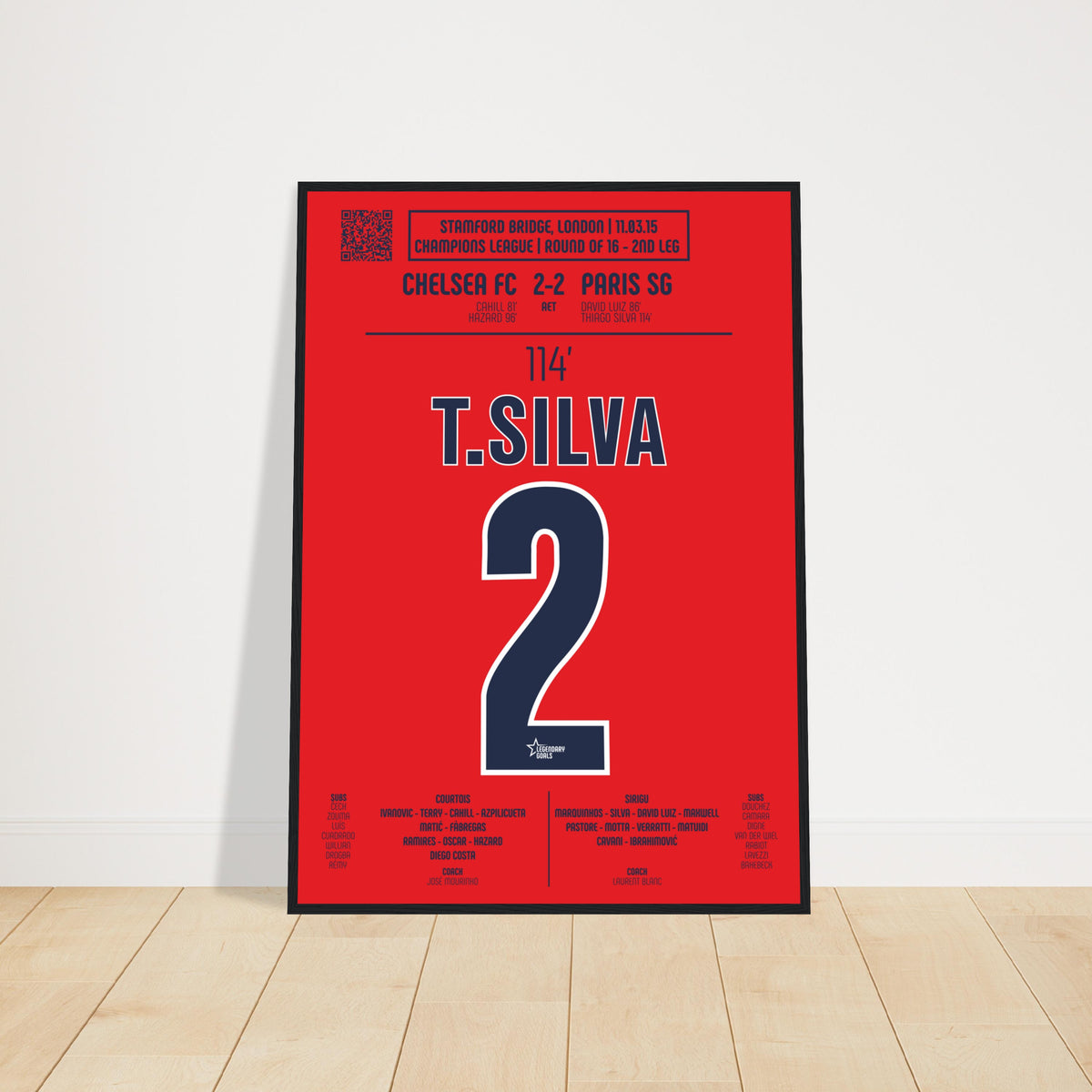 Thiago Silva: But Décisif contre Chelsea – Ligue des Champions 2015 - Poster avec cadre en bois noir / A4