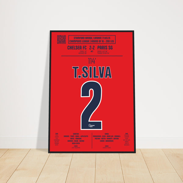 Thiago Silva: But Décisif contre Chelsea – Ligue des Champions 2015 - Poster avec cadre en bois noir / A4