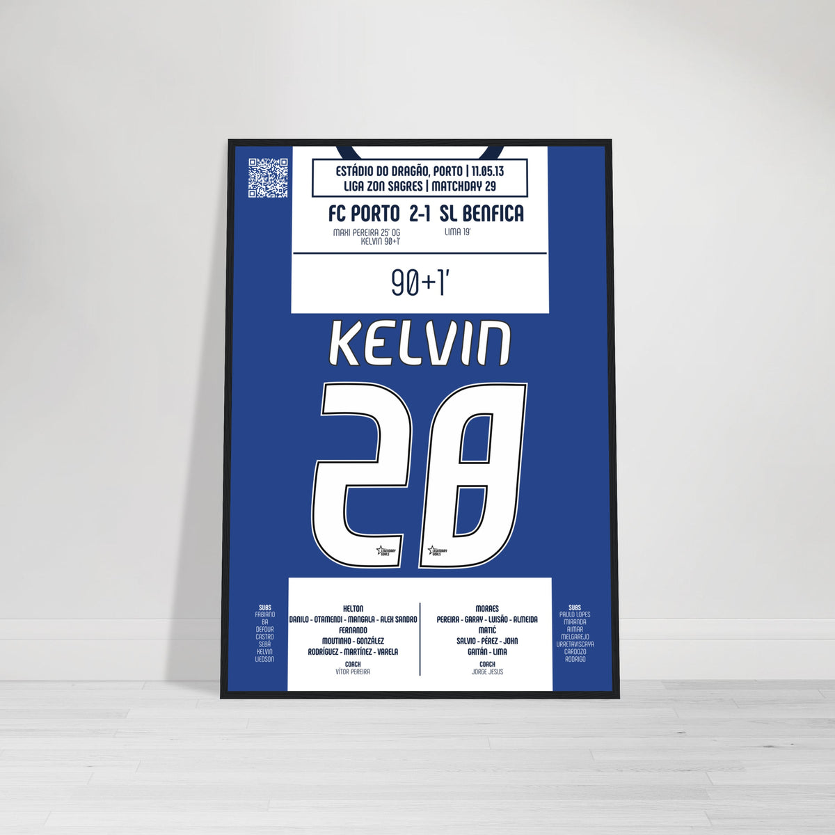 Kelvin: But Iconique contre Benfica – Primeira Liga 2013 - Poster avec cadre en bois noir / A4