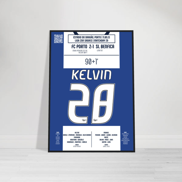 Kelvin: But Iconique contre Benfica – Primeira Liga 2013 - Poster avec cadre en bois noir / A4