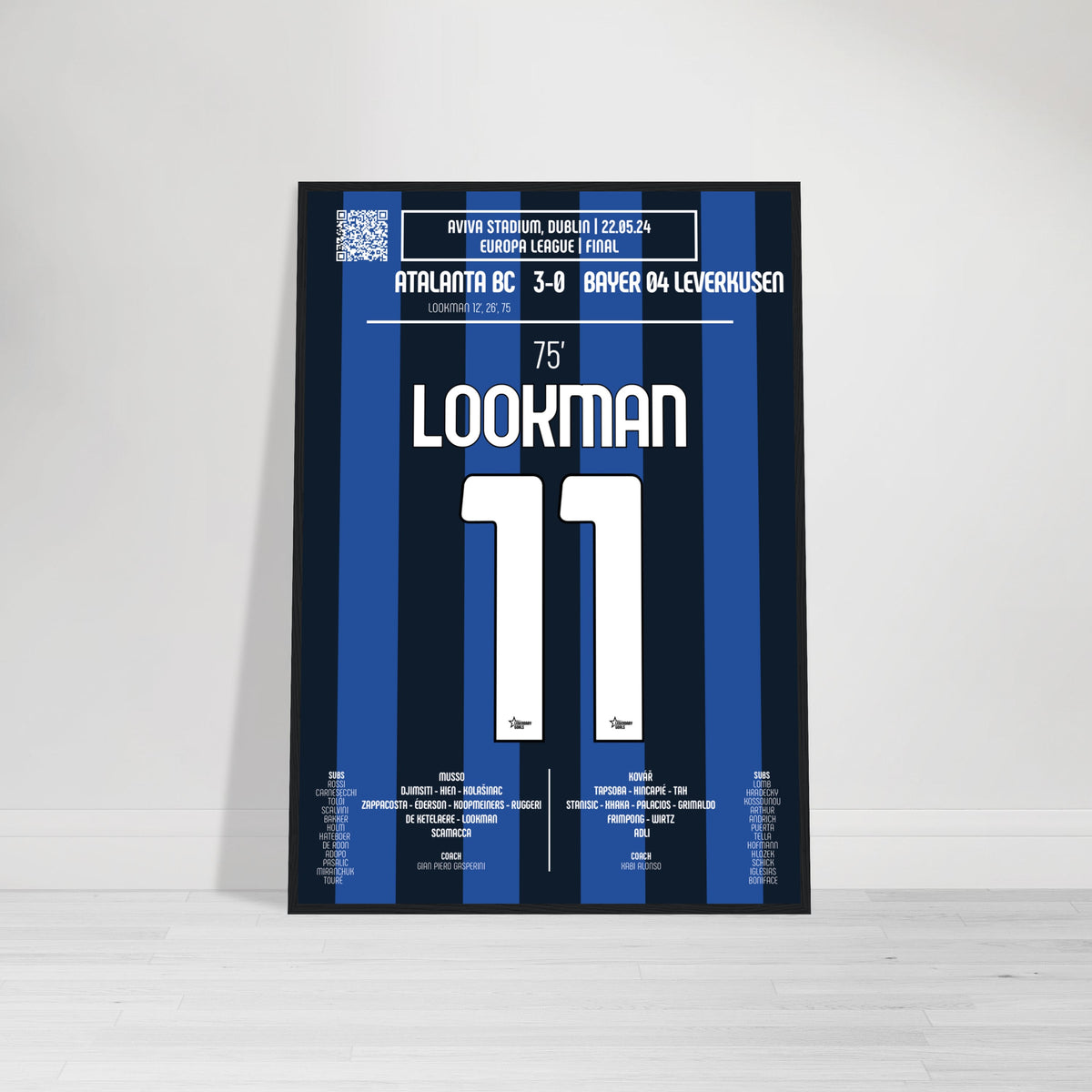 Ademola Lookman: But emblématique de la finale de la Ligue Europa 2024 - Poster encadré en bois noir / A4