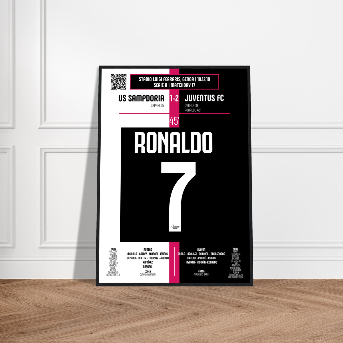 Cristiano Ronaldo: But emblématique contre la Sampdoria – Série A 2019 - Poster encadré en bois noir / A4