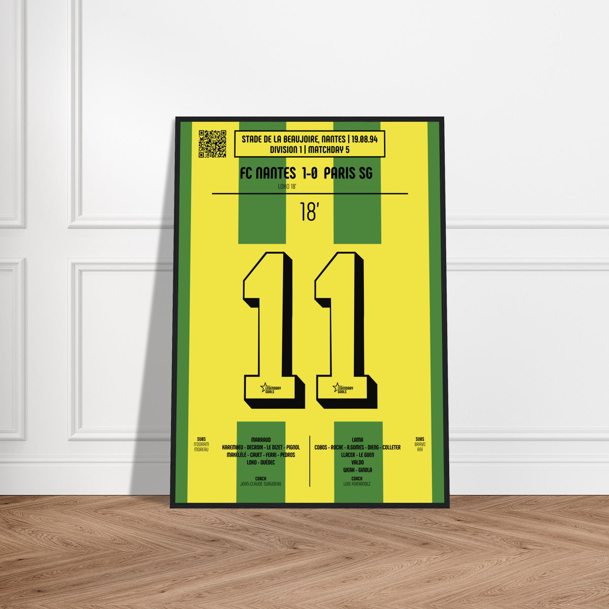 Patrice Loko: But Mémorable contre le PSG – Division 1 1994 - Poster avec cadre en bois noir / A4