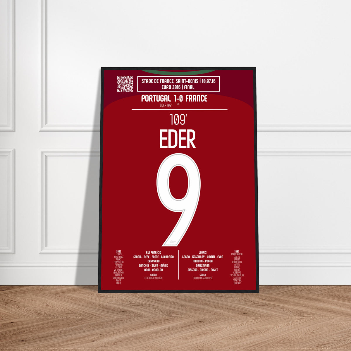 Eder: But Historique en Finale de l’Euro 2016 - Poster avec cadre en bois noir / A4