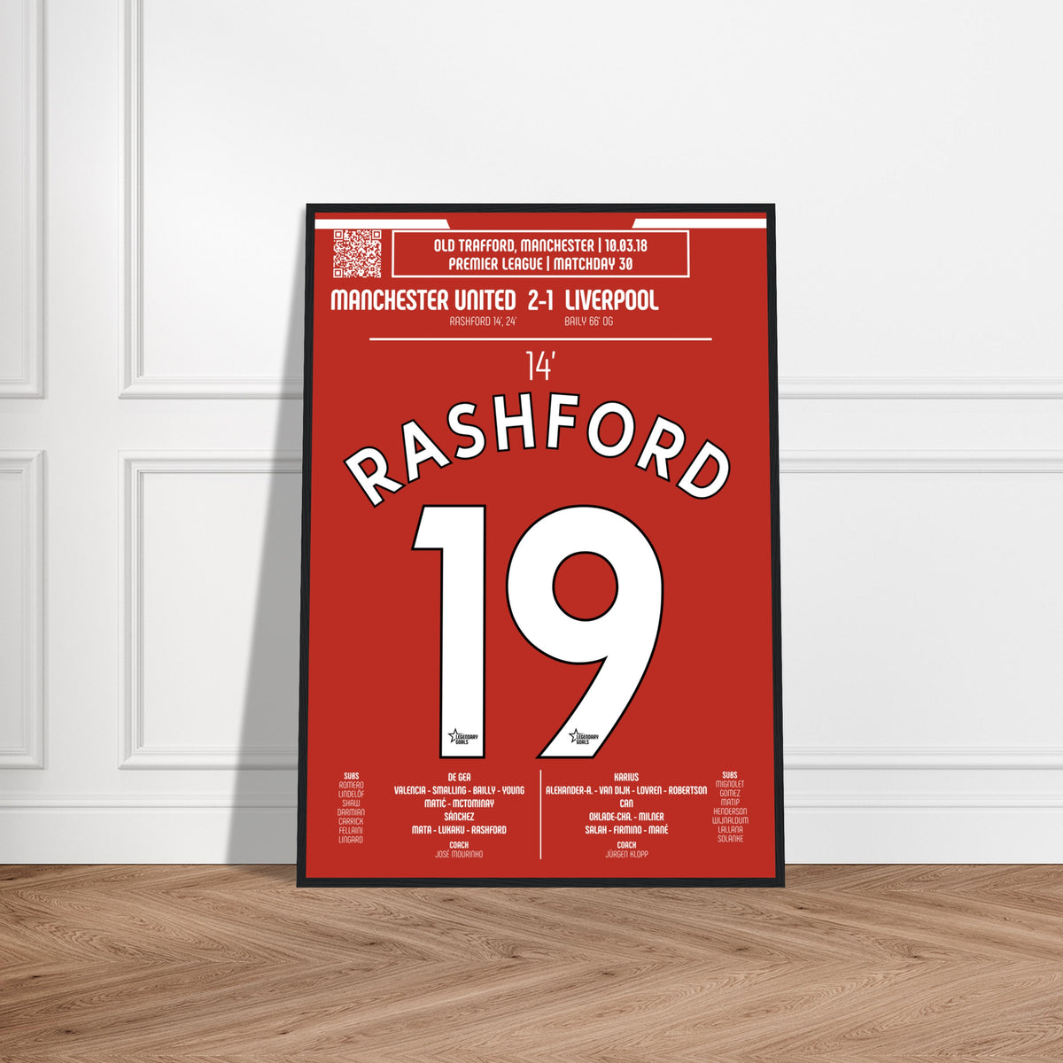 Marcus Rashford: But Iconique contre Liverpool – Premier League 2018 - Poster avec cadre en bois noir / A4