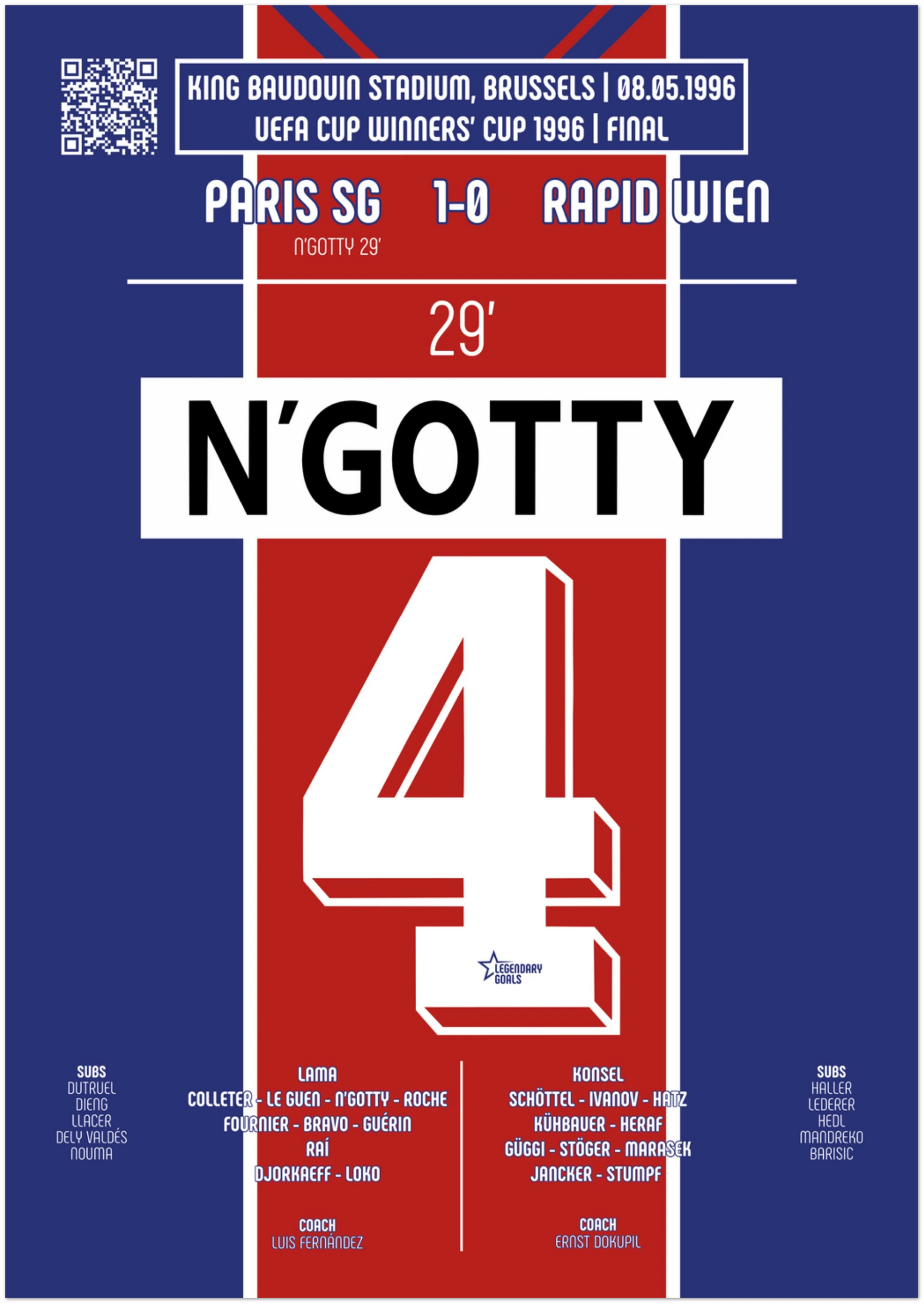 Poster du but de Bruno N'gotty - Paris SG vs Rapid Vienne 1996
