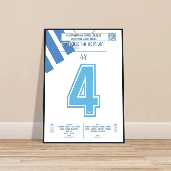 Basile Boli: But Historique contre l’AC Milan – Finale de Ligue des Champions 1993 - Poster avec cadre en bois noir / A4