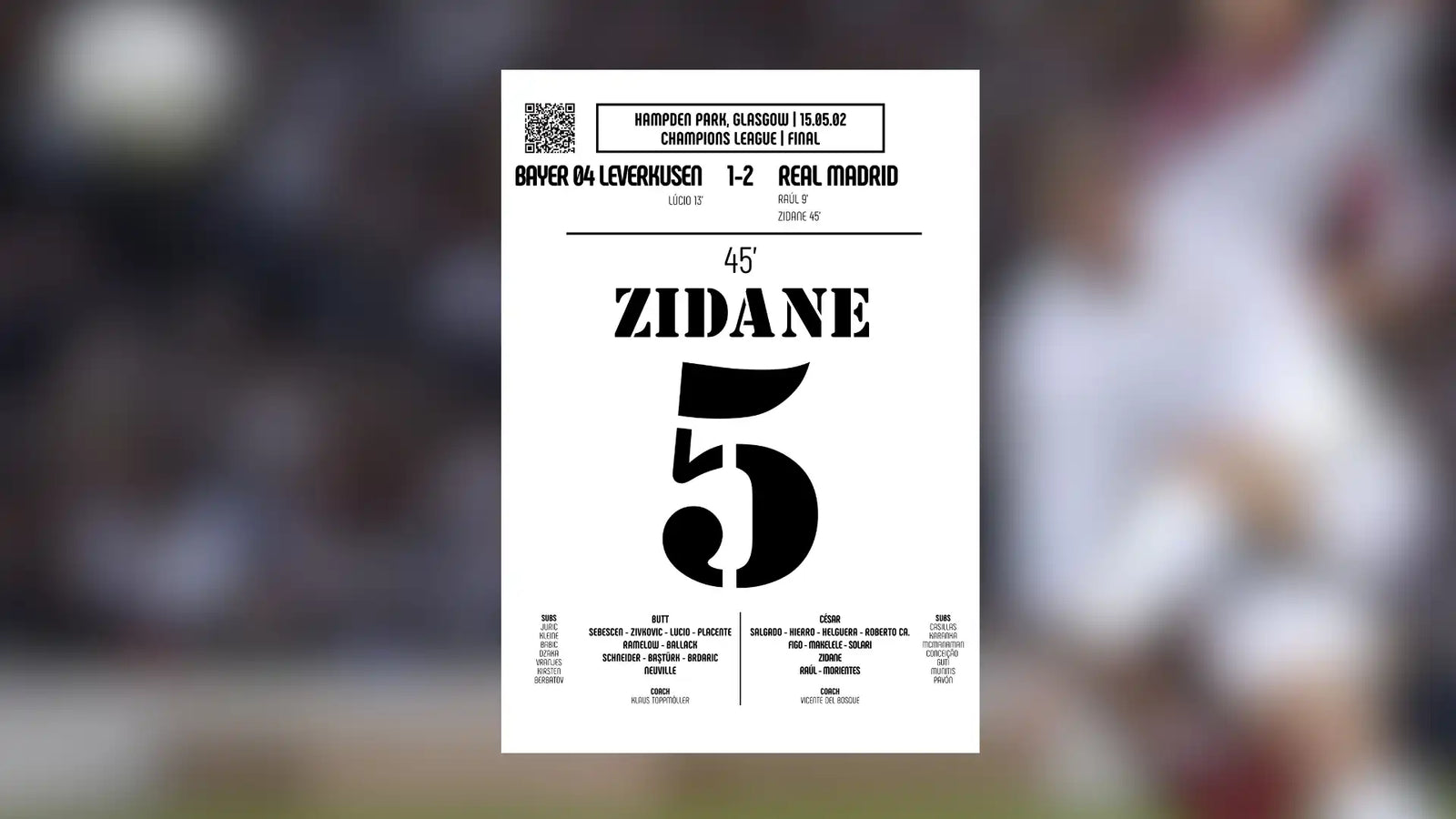 Maillot blanc Zidane avec numéro 5 noir et design textuel.