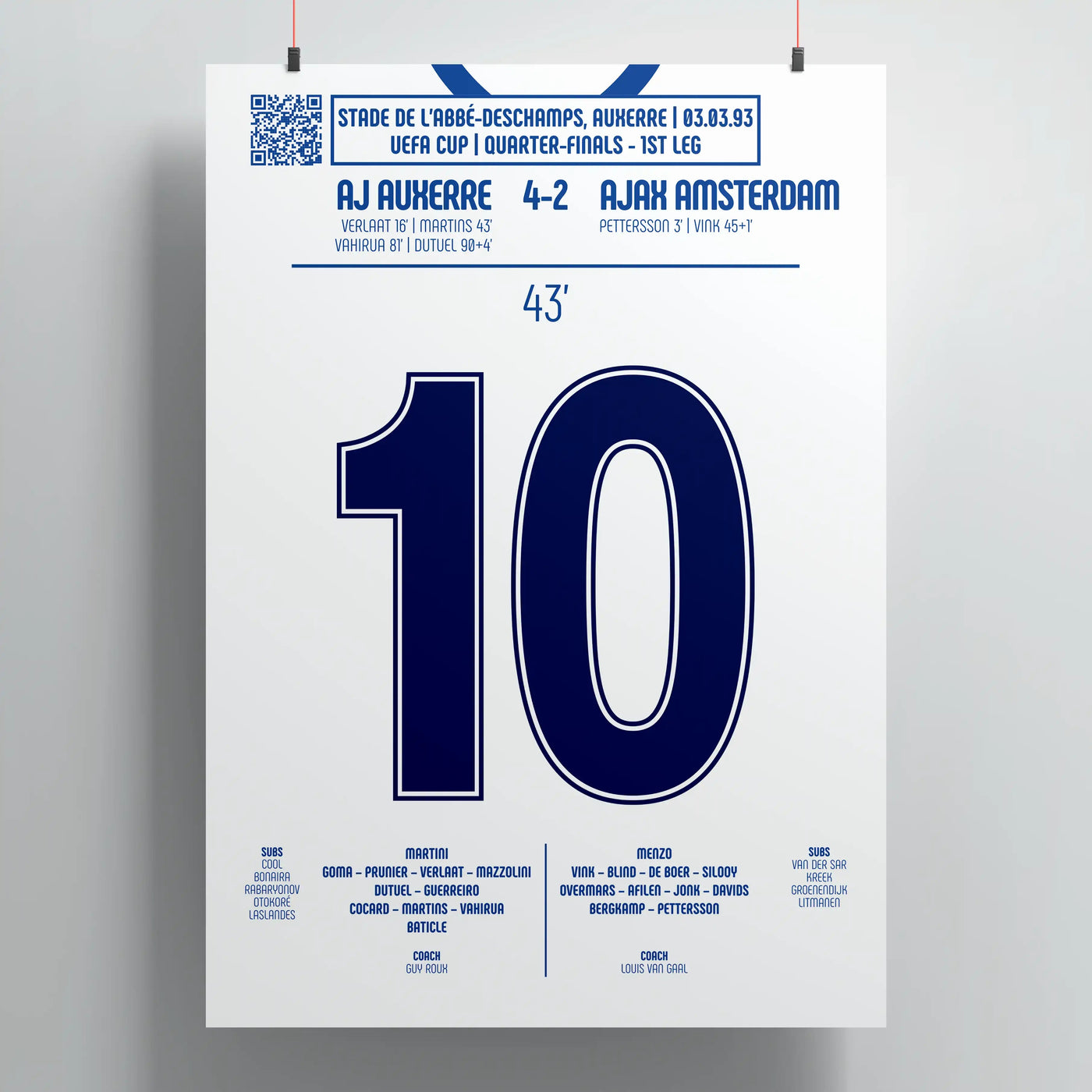 Poster du but de Corentin Martins - AJ Auxerre vs Ajax Amsterdam 1993