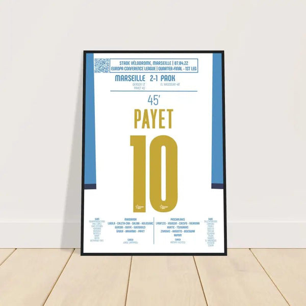 Dimitri Payet – Reprise magique contre le PAOK – Olympique de Marseille 2022 - Poster avec cadre en bois noir / A4