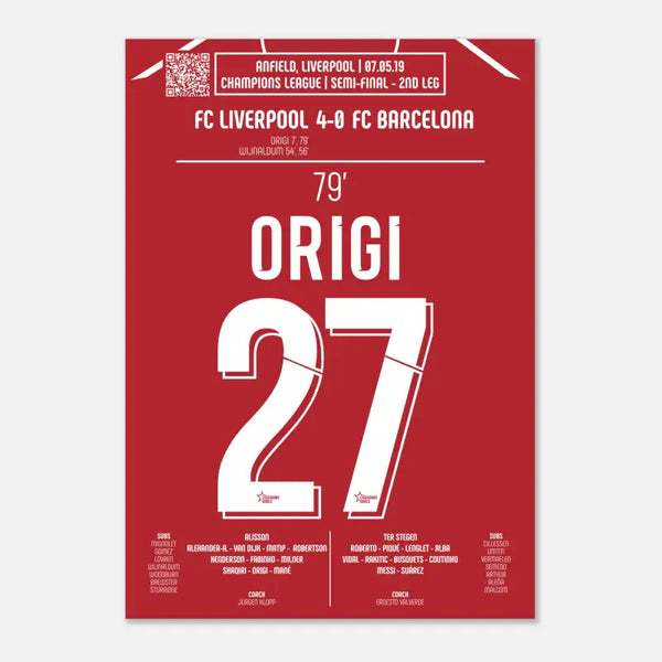 Divock Origi: But Historique contre le FC Barcelone – Ligue des Champions - Liverpool 2019 - Poster / A4