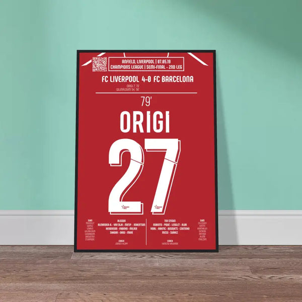 Divock Origi: But Historique contre le FC Barcelone – Ligue des Champions - Liverpool 2019 - Poster avec cadre en bois