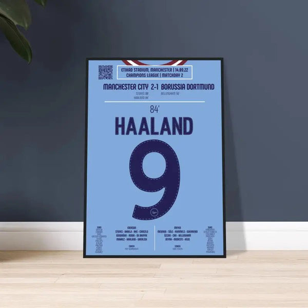 Erling Haaland: But emblématique contre Dortmund – Ligue des champions 2022 - Poster encadré en bois noir / A4