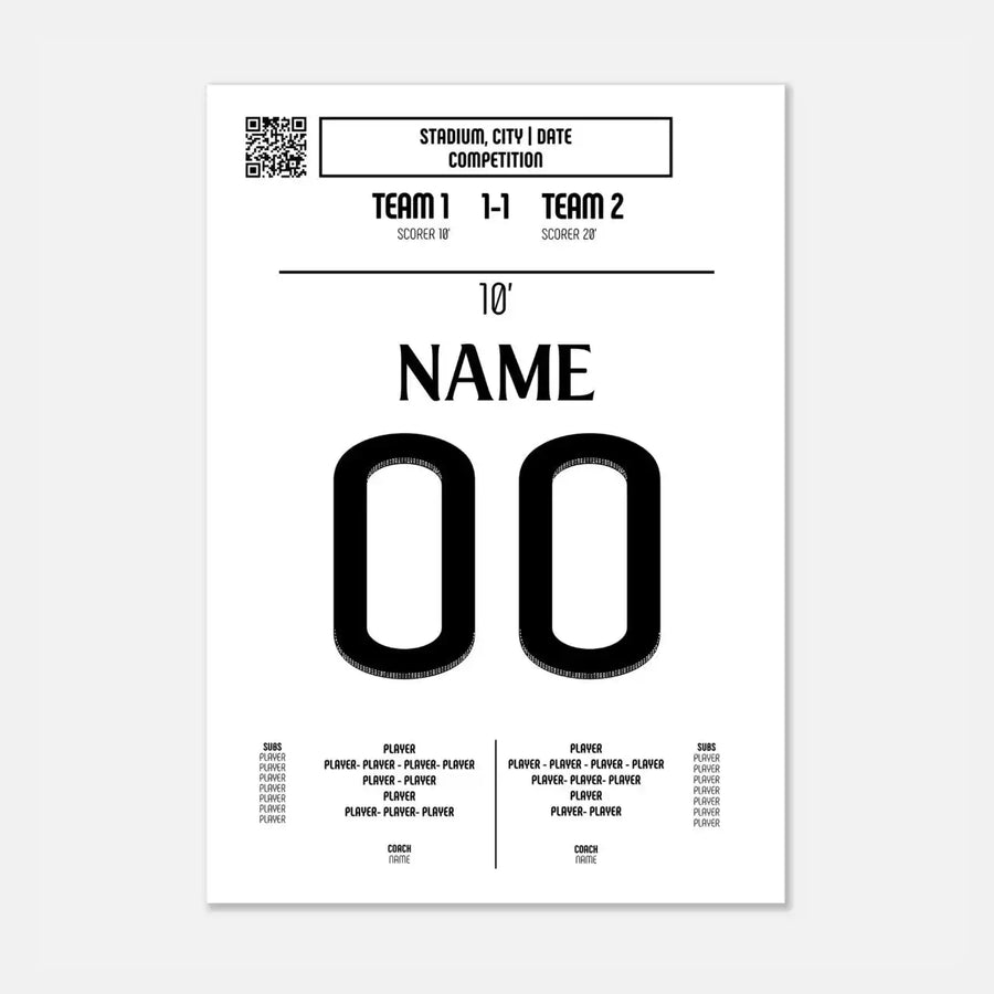 Modèle de maillot de football noir et blanc avec code QR, design minimaliste.