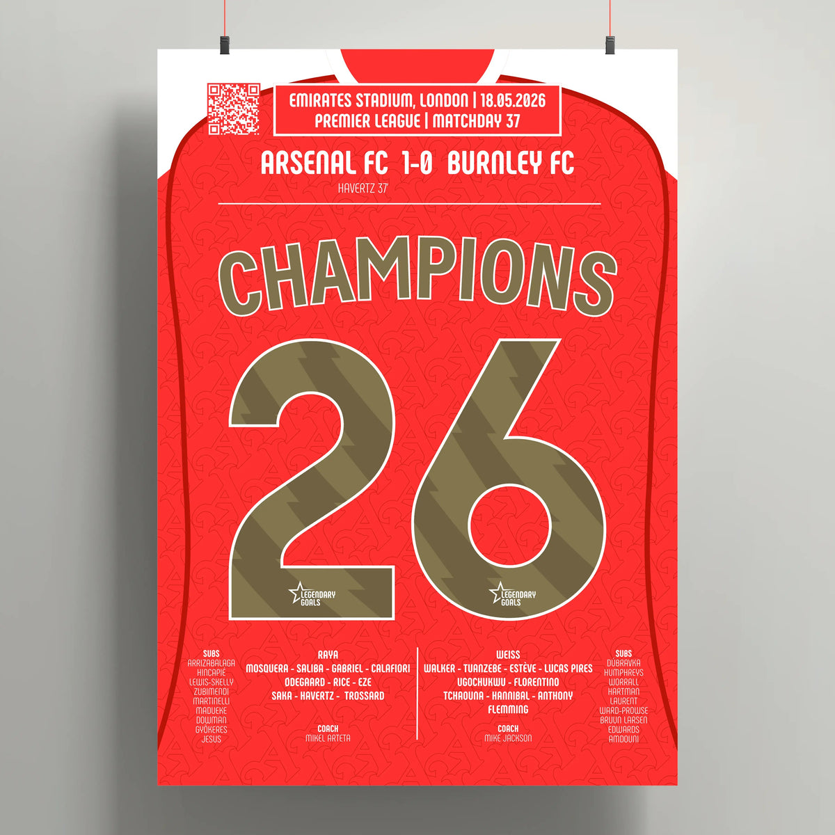 Poster de la victoire d’Arsenal - Arsenal vs Burnley 2026 - Legendary Goals