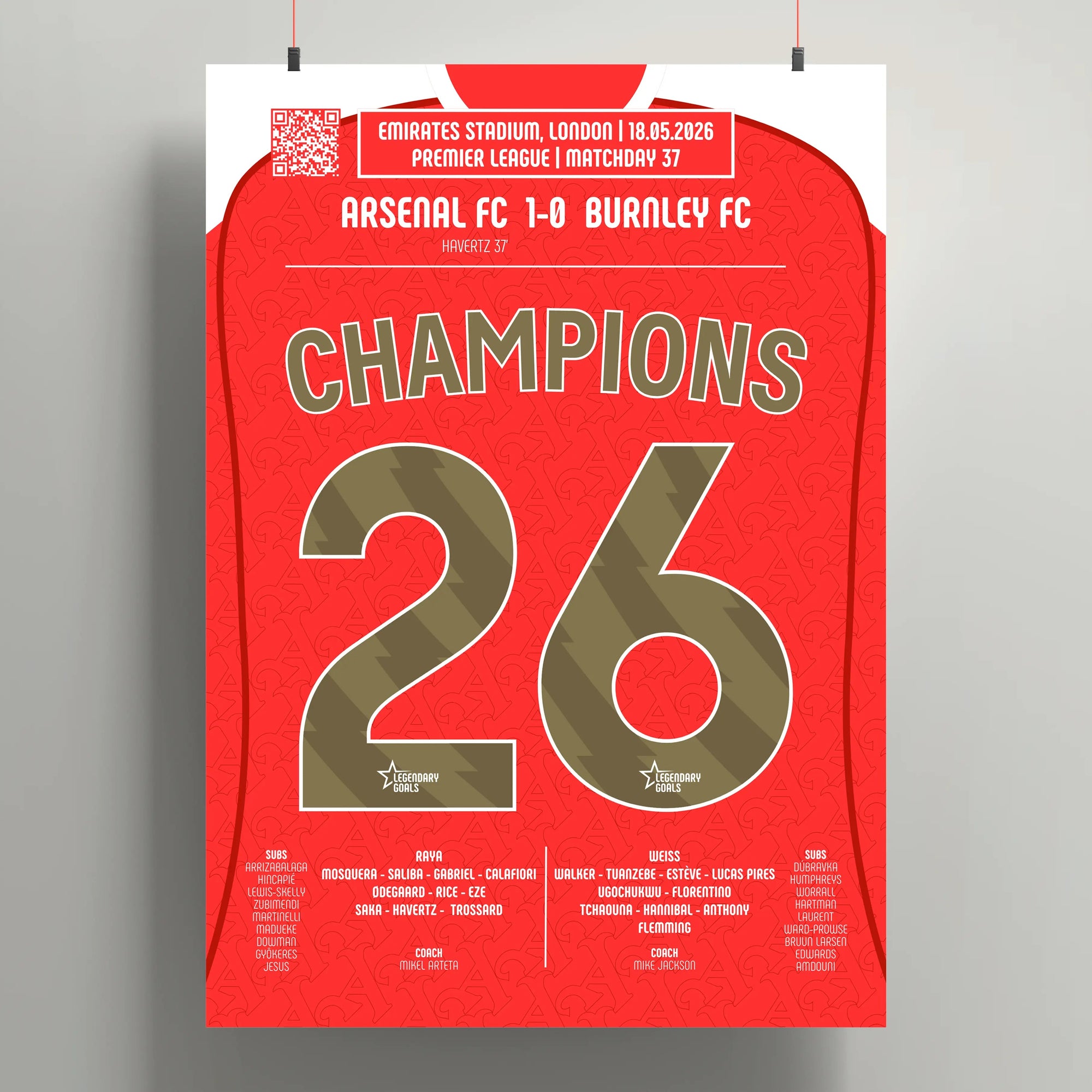 Poster de la victoire d’Arsenal - Arsenal vs Burnley 2026 - Legendary Goals