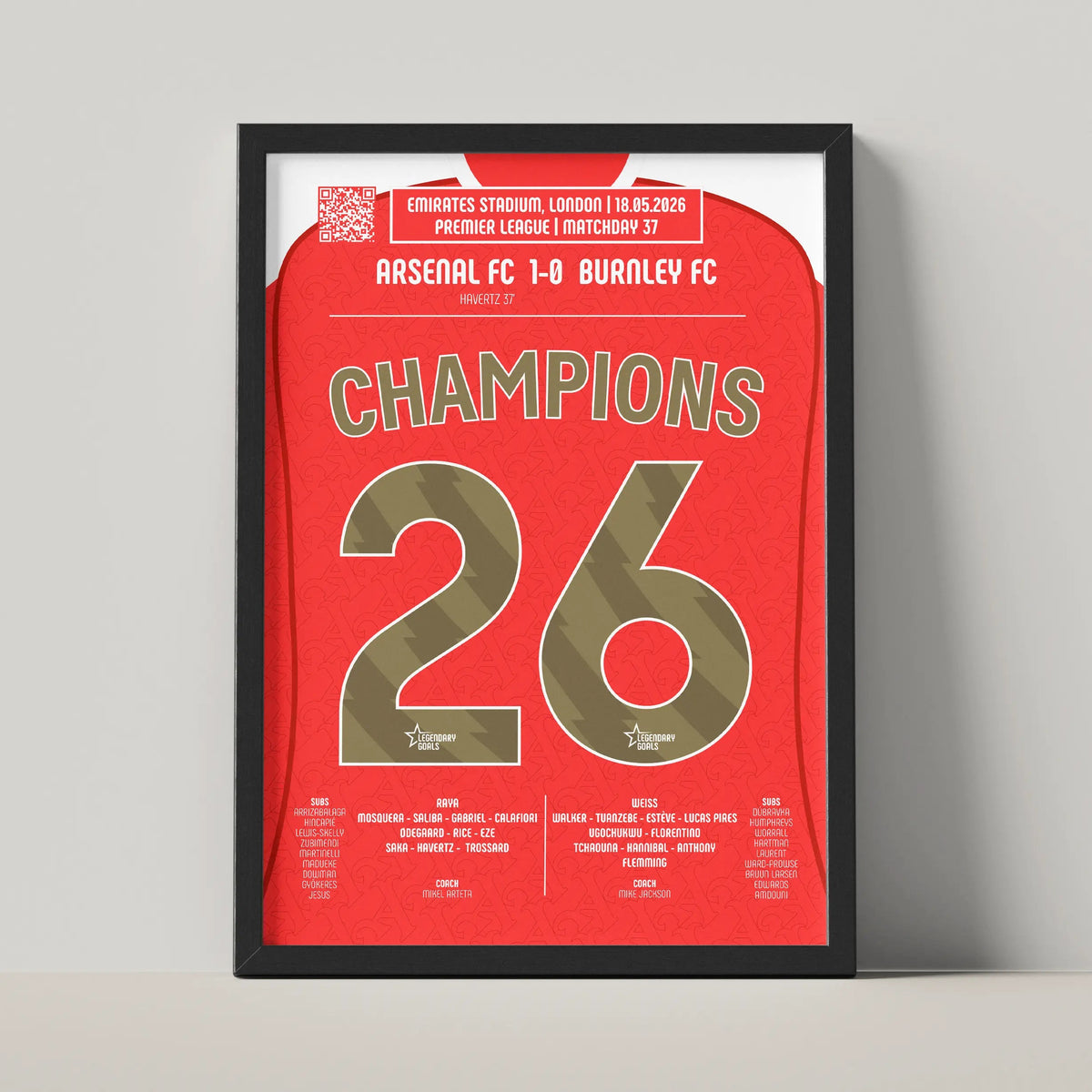 Poster de la victoire d’Arsenal - Arsenal vs Burnley 2026 - Legendary Goals